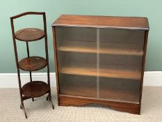 REPRODUCTION MAHOGANY SLIDING GLASS DOOR BOOKCASE - 80cms H, 76cms W, 29cms D and a mahogany folding
