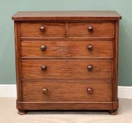 VICTORIAN MAHOGANY CHEST - two short over three long drawers with turned knobs, on bun feet,