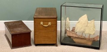 VINTAGE WOODEN BOXES - the larger 42cms H, 62cms W, 31cms D and a wooden display of a Chinese Junk