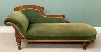 EDWARDIAN CHAISE LONGUE - with curved and shaped back, green upholstery on turned supports, 84cms H,