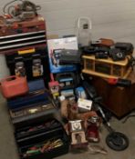 TOOLS & HOUSEHOLD ITEMS - a large parcel to include a three drawer tool chest, a stacking plastic