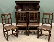 GILLOWS VINYL SEATED CHAIRS - 98cms H, 48cms W, 40cms D and a similar era oak buffet sideboard,