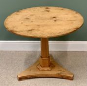 ANTIQUE PINE CIRCULAR TOPPED TEA TABLE on triform base, 72cms H, 90cms diameter