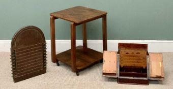 VINTAGE ASSORTMENT - shove ha'penny board, 61cms H, 40cms W, 6cms D, an oak sloped stationery box,