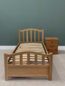 MODERN OAK SINGLE BED & A MODERN THREE DRAWER BEDSIDE CHEST, the bed having three pine lined drawers