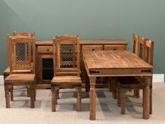 MODERN FARMHOUSE TYPE HARDWOOD FURNITURE comprising heavy dining table, 77cms H, 180cms W, 89cms