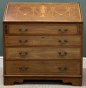 EDWARDIAN MAHOGANY BUREAU with garland inlay, crossbanding and having four drawers, on bracket feet,