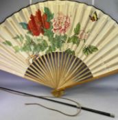 LEATHER HORSE CARRIAGE WHIP - with white metal mounts, and a large floral and butterfly decorated