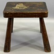 FOLK ART - VINTAGE PINE FOUR LEGGED STOOL, seat with a naive painting of a young child, 24 x 17cms.