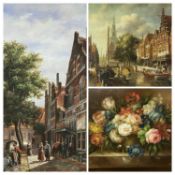 UNSIGNED oil on board - Dutch? scene of figures at the canal side, 39 x 29cms and a similar smaller,