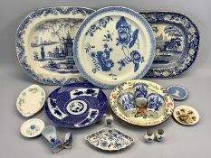BLUE & WHITE TRANSFER WARE INDENTED MEAT PLATES, three delft beakers, ETC