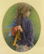 KEITH BOWEN (British 1950 - ) OVAL PASTEL, THREE QUARTER LENGTH PORTRAIT of a young girl with
