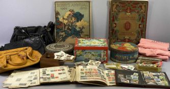 COLLECTION OF STAMPS IN FOUR ALBUMS, various loose cigarette / tea cards, vintage tins, ETC.