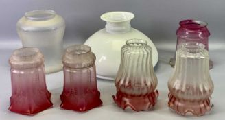 OIL LAMP SHADES - pair of pink / clear etched glass shades, 15cms high, 6.5cms diameter at base,