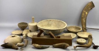 VICTORIAN SYCAMORE BUTTER MOULD AND DAIRY BOWL, various horns, wooden box plane, ETC.
