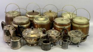 OAK & EPNS MOUNTED BISCUIT BARRELS WITH LIDS (8) and a small quantity of mixed EPNS teaware