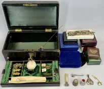 VINTAGE LOCKING JEWELLERY BOX & CONTENTS - to include a 9ct gold stick pin, vintage hat pins,