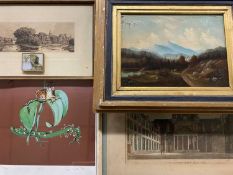 PAINTINGS & PRINTS ASSORTMENT (5) - an unsigned oil on canvas circa 1900 - rural scene with man on a