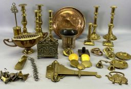 FOUR PAIRS OF VICTORIAN BRASS CANDLESTICKS, the tallest 25cm, bronze mortar, 13cm dia., Victorian