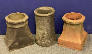 VINTAGE CHIMNEY POTS (3) - one cylindrical, 45.5cms H, the other two having octagonal tops on square