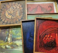 MID-CENTURY TYPE oil on panel - abstract scenes initialled 'T S' (set of 3), overall 43 x 43cms,