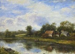 UNSIGNED oil on board - vibrant blue skies and figures in a boat near riverside buildings, 28 x