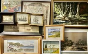 MIXED PICTURES, PAINTINGS & PRINTS - an unsigned oil on canvas - a woodland pool, 33.5 x 48.5cms,