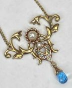 CLOGAU 9CT GOLD VICTORIAN STYLE SEED PEARL PENDANT NECKLACE - 24.5cms overall L, 32 x 30mm the