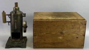 VINTAGE SCALE MODEL LIVE STEAM BOILER - 32cms H, contained in a pine box