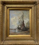 INDISTINCTLY SIGNED oil on board - Continental? fishermen at work beside boats, 24 x 19cms, in an