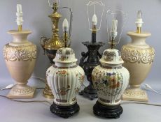 FLORAL DECORATED CERAMIC TABLE LAMPS, A PAIR - in baluster form on hardwood plinths, 44cms H