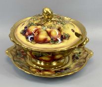 DAVID FULLER HAND PAINTED FRUIT TWIN-HANDLED LIDDED TUREEN - on a twin handled stand, former Royal