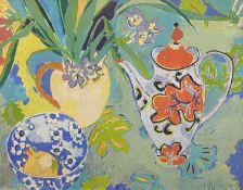 TANYA SHORT mixed media - Still Life titled 'Spanish Coffee Pot', label verso Sarah Samuels Gallery,