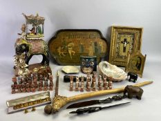 PAINTED EASTERN FIGURES, VARIOUS to include a chess set, a crucifix in ornate gilded frame, 31 x