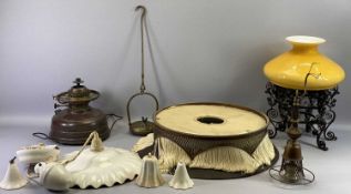 ART DECO SILK FRINGED HANGING LIGHTSHADE, various light fittings, ETC.