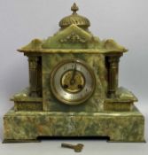 CLOCKS - green onyx mantel clock of architectural form, eight day movement strike gong, 38cms H,