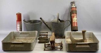 MIXED VINTAGE / ANTIQUE METALWARE - galvanised watering can and bucket, steel gin trap, cobbler's