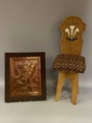 DOROTHY MAGUIRE JULY 1978 RECTANGULAR EMBOSSED COPPER PLAQUE - 'Y Ddraig Goch' mounted on a fabric