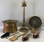 COPPER CAULDRON WITH STEEL SWING HANDLE, 27cms dia., oxidised copper table lamp, 60cms high, ETC.