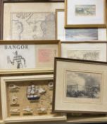 ANTIQUARIAN MAP - 'Anglia', (reversible), 52 x 58cms, Menai Bridge engraving, old sketch and