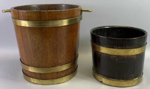 19TH CENTURY FIRE BUCKET, brass bound mahogany and stamped to the underside, 30cms H, 30cms