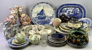 PAIR OF REPRODUCTION CERAMIC IMARI PATTERN CATS, 36cms high, Delft blue and white charger, 39cms