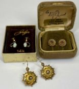 GOLD & PINCHBECK EARRINGS, 3 PAIRS - a boxed pair in 14ct gold with opal drops, 15mm L, 0.9grms, 9ct