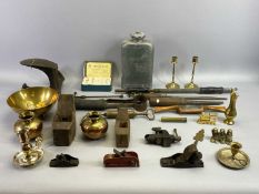 VARIOUS WOODEN PLANES, sheep shears, cobbler's last, brassware, ETC