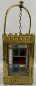 19TH CENTURY GILDED BRASS FRAMED HANGING LANTERN, leaded stained glass panels, 44cms high, 16cms