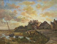 UNSIGNED oil on board, Dutch School - bonneted ladies at work beside buildings and waterside, in a