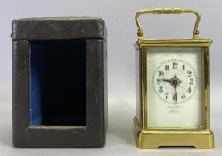 BRASS CASED CARRIAGE CLOCK WITH KEY & ORIGINAL TRAVEL CASE - the enamel dial set with stylised