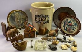 VARIOUS CARVED WOODEN ANIMAL FIGURES, large stoneware bread crock, 33cms H, ETC