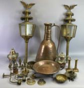 LARGE HAMMERED EASTERN COPPER JUG - 51cms H, pair of brass wall lanterns with eagle finials, 74cms