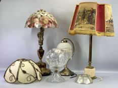 MUSHROOM TYPE GLASS LAMP - 29cms tall, a metallic based lamp and two other lamps